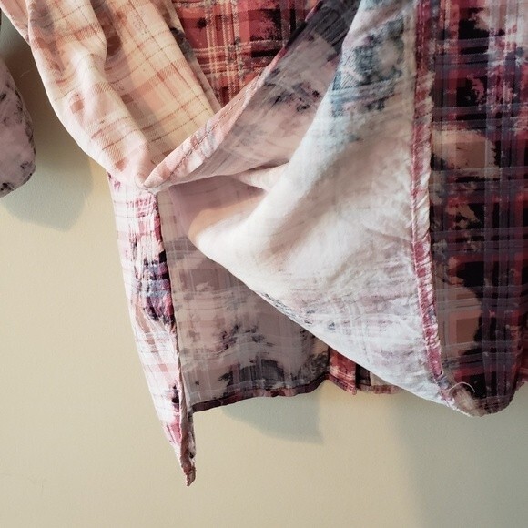 Dear John Arianna Plaid Tie Dye Button Down Roll Tab Sleeves Lightweight Blouse - Picture 13 of 13